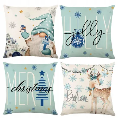 Produktbild von Weihnachtskissenbezug 4er Set - 45x45 cm - Dekokissen in Leinenoptik - Blau