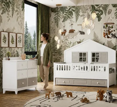 Obrázek produktu pro Moderní dětský pokojový set s dětskou postýlkou a praktickou komodou