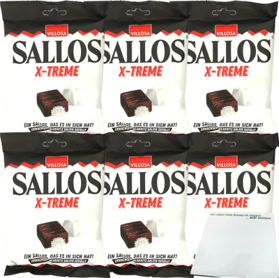 Produktbild von Sallos X Treme Hartkamellen mit Lakritz Salmiak Salz Füllung 6er Pack (6x150g Tüte) + usy Block