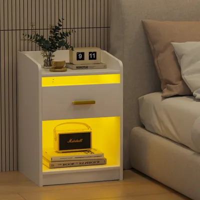 Produktbild von Nachttisch mit LED-Beleuchtung 58cm hoch mit 1 Schubladen 2 Regal weiß