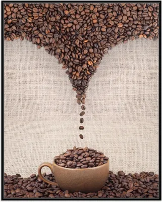 Produktbild von Wallario Wandbild Tasse mit Kaffeebohnen - Kaffeedesign, Größe: 40,30 x 50,30 cm, Poster mit schwarzem Aluminiumrahmen