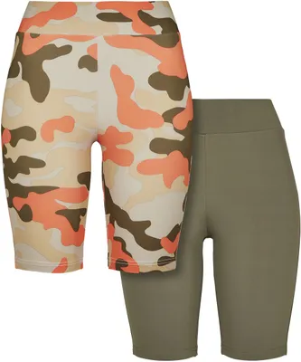 Produktbild von Urban Classics Damen Shorts Ladies High Waist Camo Tech Cycle Shorts Double Pack Brick Camouflage/Olive-XXL