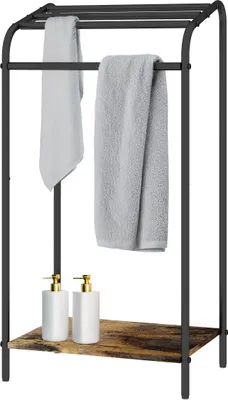 Zdjęcie produktu dla Stojak na ręczniki Relaxdays z półką, wymiary 79,5 x 41,5 x 28,5 cm, styl industrialny, 4 drążki, stojący wieszak na ręczniki, brązowo-czarny