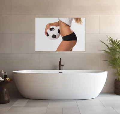 Produktbild von Wallario wasserfestes Poster selbstklebend 91,50 x 61 cm, Fußball - sexy Frau mit einem Fußball, Badezimmerposter Spritzschutz mit Hochglanzoberfläche in Glasoptik