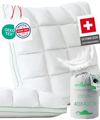 Produktbild von Welldora Premium Kopfkissen 40x40 - 100% Daunenfasern & Federn - Innovatives Puffwolken-Design für höchsten Komfort & Ergonomie - Mittelfestes Kissen