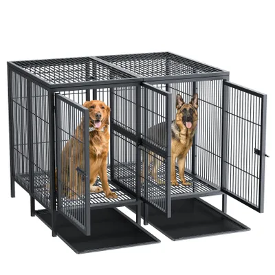Produktbild von FATIVO Doppel Hundekäfig für 2 Hunde, Metallkäfig mit Trennwand, 2 Türen & Kunststoffschale, Transportbox Hundebox Drahtkäfig