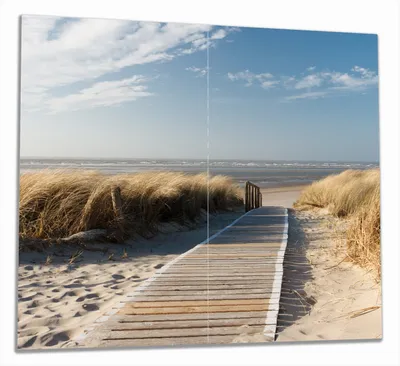 Produktbild von Wallario Herdabdeckplatte aus Glas, Größe 60 x 52 cm 2-teilig, Motiv Auf dem Holzweg zum Strand