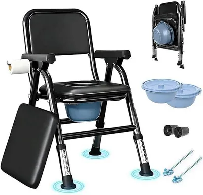 Produktbild von Toilettenstuhl für Senioren, Höhenverstellbaren Klappbar WC Stuhl Toilettenstühle mit Gepolsterter Sitzplatte und Toiletteneimer, Tragbar Duschstuhl Tragfähigkeit 150kg
