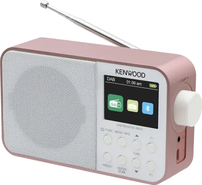 A rose-colored Kenwood portable DAB+ radio is shown against a white background.