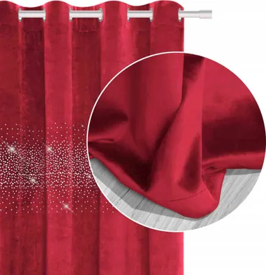 A close-up view of a red curtain with sparkling embellishments, and a magnified section showing the fabric texture.