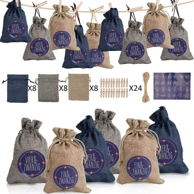 Produktbild von Jayseuw 24 Adventskalender zum Befüllen, Stoffbeutel Geschenksäckchen Weihnachten für Weihnachtskalender, Adventskalender Säckchen mit 1-24 Adventszahlen Geschenkanhänger,Blau /weiß /grau