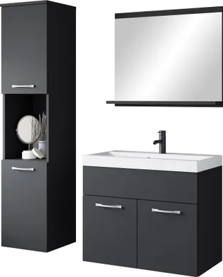 Produktbild von MIRJAN24 Badmöbel-Set Montreal, Badezimmer-Set mit Spiegel und Waschbecken (Farbe: Schwarzer Graphit, mit Siphon)