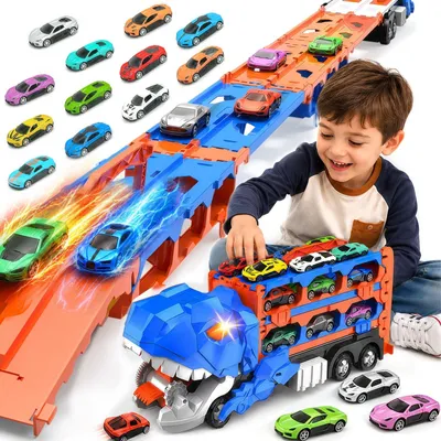 Zdjęcie produktu dla Solidchoice - Transporter dla dinozaurów 2 w 1, z 12 samochodzikami i tor wyścigowy