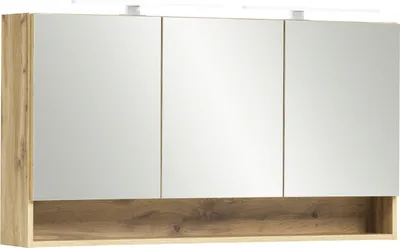 Produktbild von Badezimmerspiegelschrank "Kaprun" aus Spanplatte in wotaneiche mit 3 Türen und 6 Einlegeböden. Abmessungen (B/H/T) 120x64x20 cm