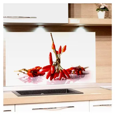 Produktbild von Küchenrückwand 80x50cm Glas Chili Spritzschutz Herd | Druck hinter Glas | Motiv Gewürze Rückwand Küche, Glasplatte mit Küchenmotiven
