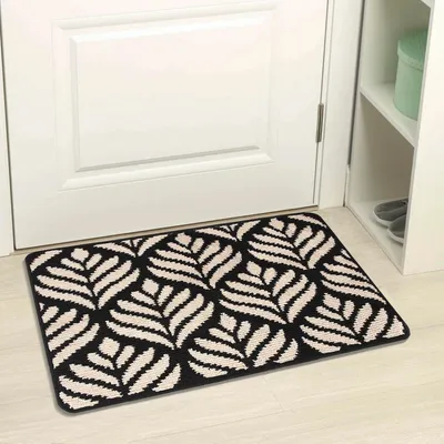 Immagine prodotto di Tappetino per interni ed esterni, 50x80 cm, nero, motivo a foglie, lavabile, antiscivolo