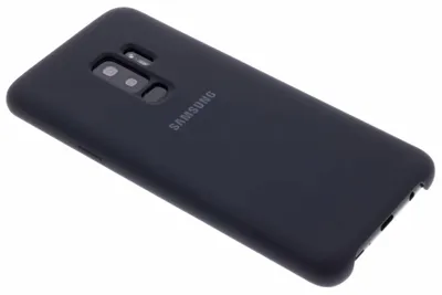 The back of a black Samsung phone case is shown against a white background.