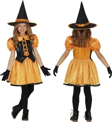 Productafbeelding van Heks Halloween pompoen kostuum, muts, jurk, betoverend, zwart, oranje, magie, mystiek, maat: 98/104, kleur: zwart