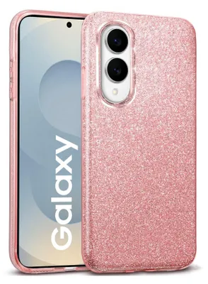 A pink glitter phone case is shown on a white background, with a portion of a smartphone visible on the left.