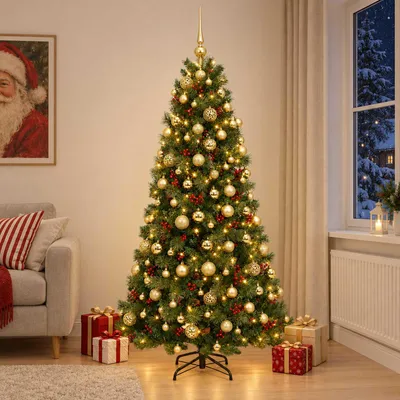 Zdjęcie produktu dla Sztuczne drzewko bożonarodzeniowe z bombkami, wysokość 180 cm, 300 diod LED