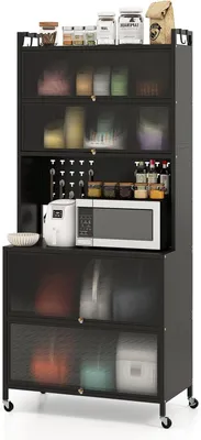 Produktbild von KOMFOTTEU Küchenschrank mit 6 Ebenen, Sideboard mit 4 Haken & 10 Dübeln, Buffetschrank mit Arbeitsplatte & Schränken, Küchenbuffet mit 4 Universalrollen (80 x 40 x 178 cm, schwarz)