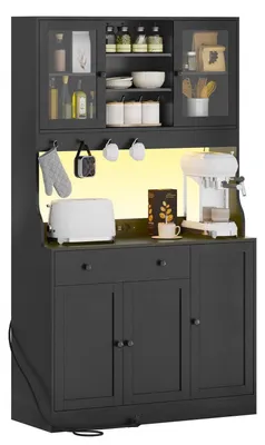 Image de Armoire de cuisine, buffet avec éclairage LED et prise électrique, dimensions 103,5 x 40 x 180 cm, couleur noire