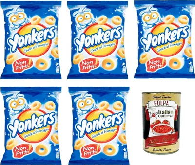 Produktbild von Yonkers Snack al Formaggio, Knusprige Maisringe mit Käsegeschmack, Nicht Frittierte Käse Snacks, 5x 100g Beutel + Italian Gourmet polpa 400g