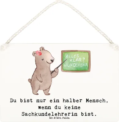 Produktbild von Mr. & Mrs. Panda Schild Sachkundelehrerin Herz DIN A6 - Weiß - Geschenk, Witzig, Wandbild Holz, kleine aufmerksamkeit, Grundschule, wandtafel, Sachkundeunterricht, Lustig