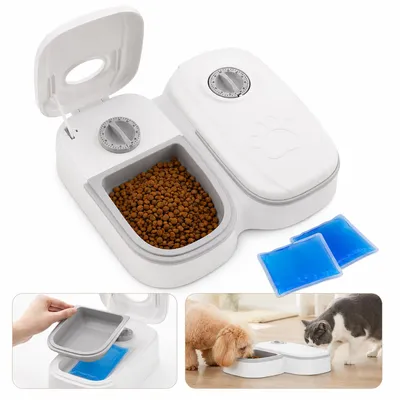 Produktbild von Futterautomat Katze Hund, automatischer Futternapf mit 2 Kühlakkus, Doppelnapf für Nass- & Trockenfutter, rutschfest, für kleine Tiere