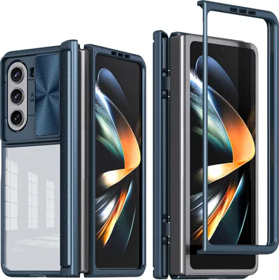 Immagine prodotto di Custodia per Samsung Galaxy Z Fold 5 Custodia ibrida trasparente in TPU con fotocamera scorrevole blu