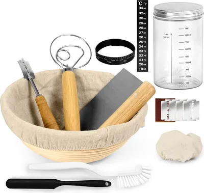 Produktbild von Sauerteig-Starter-Set mit Leinenbezug, Temperaturmarkierungsband, Schaber, Reinigungsbürste, Spatel, Mixerklingen, Schaber, Glasgefäß, Brotbackzubehör, Werkzeuge, handgefertigtes Backset für Anfänger