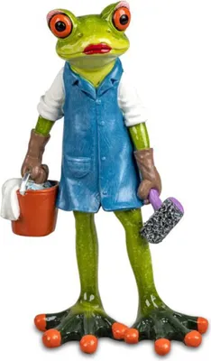 Eine Figur eines Frosches, der eine Putzfrau darstellt.  Die Figur ist humorvoll und detailreich.