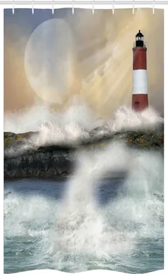 Produktbild von ABAKUHAUS Leuchtturm Schmaler Duschvorhang, Stürmische Meereswellen, Badezimmer Deko Set aus Stoff mit Haken, 120 x 180 cm, Mehrfarbig