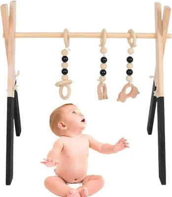 Productafbeelding van Houten Speelgymnastiek - Baby Gym Speelgoed - Baby Ontwikkeling Stimuleren - Met 3 Grijpspeeltjes - 58 x 19 cm