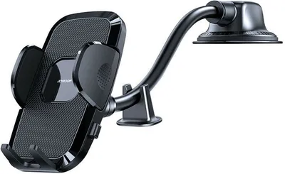 A black car phone holder with a flexible gooseneck arm and a suction cup mount.