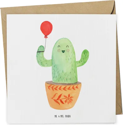 Produktbild von Mr. & Mrs. Panda Grußkarte Kaktus Luftballon - Weiß - Geschenk, anlasskarte, faltkarte, doppelkarte, Freude, Glückwunschkarte, Freundin, Ausbildung, Büro, Kakteen