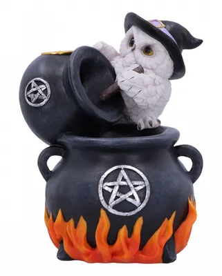 Produktbild von Schneeeule mit Hexenkessel als Backflow Räucherkegelhalter 17cm