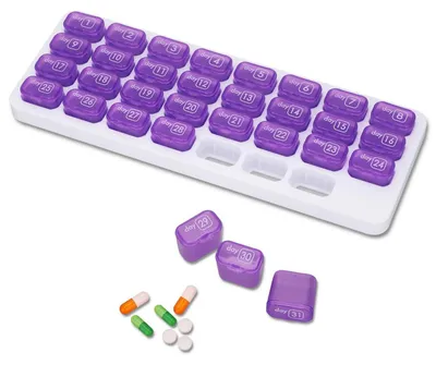 Zdjęcie produktu dla Miesięczne pudełko na tabletki z 31 przegródkami, organizer do podróży, kolor fioletowy