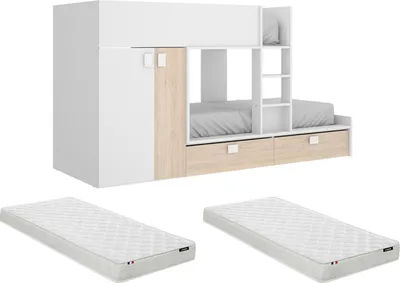 Produktbild von Etagenbett mit Kleiderschrank + Matratzen - 2x 90 x 190 cm - Weiß & Naturfarben - JUANITO
