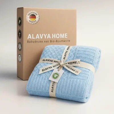 Produktbild von Alavya Home® Babydecke 75x100 cm Baumwolle Blau I Baumwolldecke Strickdecke für Baby I Baby Decke Neugeborenen Kuscheldecke Geschenk Junge & Mädchen I 100% GOTS Baumwolle