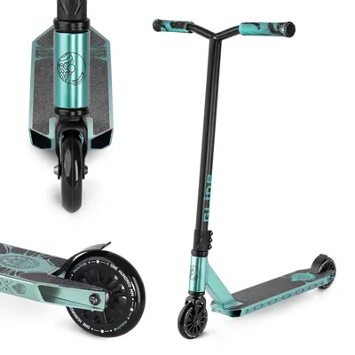 A teal and black stunt scooter is shown from multiple angles against a white background.