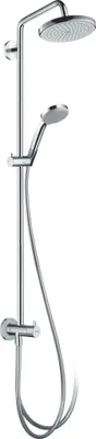 A shower system with a rain shower head and a handheld shower head, mounted on a vertical bar.