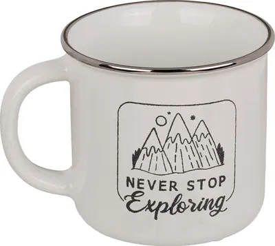 Produktbild von Becher Tasse in Emaille-Optik Blechtassen-Optik Steingut in Geschenkverpackung »Never Stop Exploring«