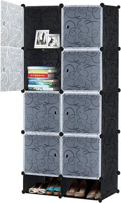 Image de Organisateur de placard DIY QEENTOE avec tringle à vêtements, compartiment pour chaussures, adapté au rangement de vêtements et de chaussures, comprenant 8 boîtes, de couleur noire