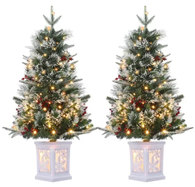 Produktbild von 2er-Set Künstlicher Weihnachtsbaum 90 cm (3.0FT) Schneebeflockt mit mit integrierter LED-Beleuchtung, frostigen Schneespitzen – Automatisches Klappsystem & Metallständer