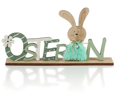 Produktbild von COM-FOUR® Deko Aufsteller für Ostern - Schriftzug mit Osterhasen - Osterdeko zum Hinstellen - Osterdekoration aus Holz und Glöckchen