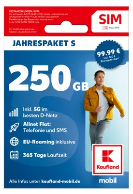 Produktbild von KAUFLAND MOBIL Prepaid SIM Jahrespaket Smart S (250 GB) mit 5G im besten D-Netz