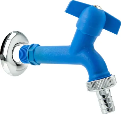 Produktbild von tecuro KTW-Auslaufventil 1/2 Zoll mit Schlauchtülle, Wandrosette, blau
