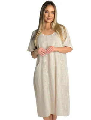 Produktbild von Damen 100% Baumwollkleid Casual Shirtkleid Style Strandkleid Sommerkleid 377 Beige Einheitsgr. 36-40