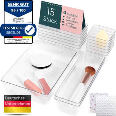 Produktbild von uandu Schubladen Organizer, 15er Set, Schreibtisch Organizer, Küchen Organizer, Organizer Schubade, Schminktisch Organizer, Make up Organizer, Schubladentrenner, Badezimmer Organizer, Organizer Küche